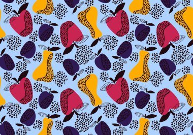 Çizgi film hasadı elmalar, armutlar ve erik desenleri kağıt, kumaş, çarşaf, ambalaj ve çocuk giysileri baskısı ve mutfak tekstili için. Yüksek kaliteli illüstrasyon