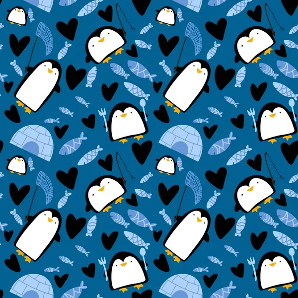 Téli Állatok Zökkenőmentes Pingvin Rajzfilm Kawaii Karácsonyi Hal Minta Csomagolására — Stock Fotó