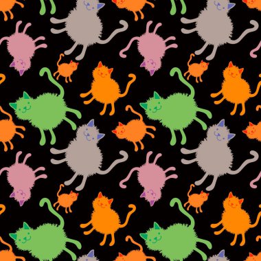 Çizgi filmlerdeki hayvanlar kağıt, kumaş, çarşaf, ambalaj ve çocuk giysisi baskısı için kusursuz kedi yavrusu desenleri. Yüksek kaliteli illüstrasyon