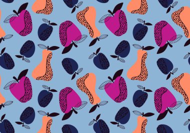 Çizgi film hasadı elmalar, armutlar ve erik desenleri kağıt, kumaş, çarşaf, ambalaj ve çocuk giysileri baskısı ve mutfak tekstili için. Yüksek kaliteli illüstrasyon