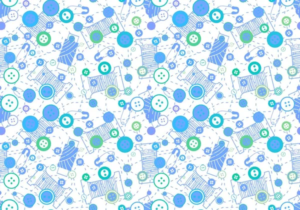 Cartoon Sewing Seamless Buttons Scissors Pins Pattern Wrapping Paper Fabrics — Stock Photo, Image