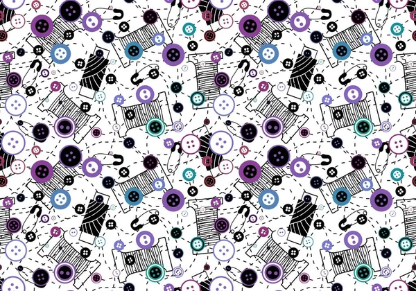 Cartoon Sewing Seamless Buttons Scissors Pins Pattern Wrapping Paper Fabrics — Stock Photo, Image