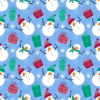 Noel ambalajı için kışın dikişsiz kardan adam ve kar taneleri deseni ve çocukların not defterleri, aksesuarları ve kumaşları. Yüksek kaliteli illüstrasyon