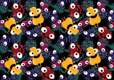 Çizgi film hasadı elmalar, armutlar ve erik desenleri kağıt, kumaş, çarşaf, ambalaj ve çocuk giysileri baskısı ve mutfak tekstili için. Yüksek kaliteli illüstrasyon