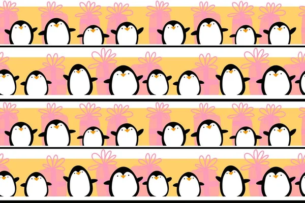 Zimowe Zwierzęta Bezszwowe Pingwin Kreskówki Kawaii Boże Narodzenie Wzór Ryby — Zdjęcie stockowe