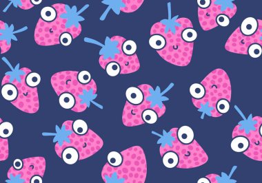 Çizgi film yaz meyveleri ambalajsız çilek deseni ve çocuk giysileri baskısı, kumaşlar, çarşaflar, ambalajlar ve çarşaflar. Yüksek kaliteli illüstrasyon