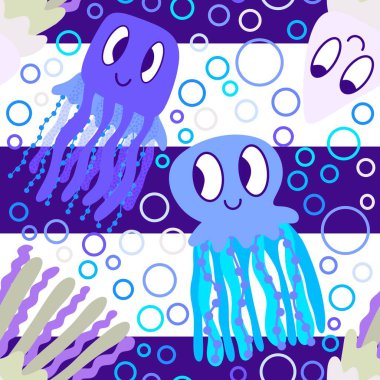 Çizgi filmlerdeki hayvanlar, kağıt, kumaş, çarşaf ve çocuk giysileri baskısı ve ambalajı için kusursuz deniz anası desenleri. Yüksek kaliteli illüstrasyon