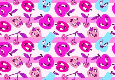 Çizgi film hasadı elmalar, armutlar ve erik desenleri kağıt, kumaş, çarşaf, ambalaj ve çocuk giysileri baskısı ve mutfak tekstili için. Yüksek kaliteli illüstrasyon