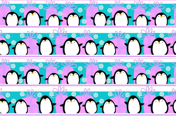 Téli Állatok Zökkenőmentes Pingvin Rajzfilm Kawaii Karácsonyi Hal Minta Csomagolására — Stock Fotó