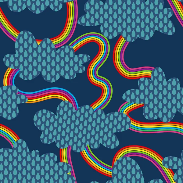 Cartoon rain drops and rainbow and clouds seamless pattern for wrapping paper and linens and fabrics and kids clothes print. High quality illustration