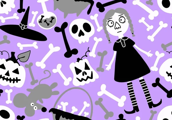 Dibujos Animados Halloween Bruja Sin Costuras Huesos Calabazas Patrón Para —  Fotos de Stock