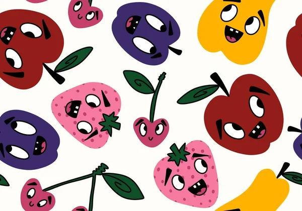 Cartoon Fruit Oogst Naadloze Appels Peren Pruimen Patroon Voor Het — Stockfoto