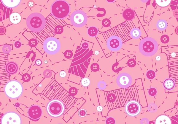 Cartoon sewing seamless buttons and scissors and pins pattern for wrapping paper and fabrics and linens and hobbies accessories and kids clothes print. High quality illustration