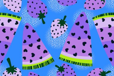 Yaz çizgi filmi kawaii meyvesi dikişsiz çilek ve karpuz dilimleri ambalaj kağıdı için kalp desenli ve çocuk giysileri, kumaşlar ve mutfak tekstili. Yüksek kaliteli illüstrasyon