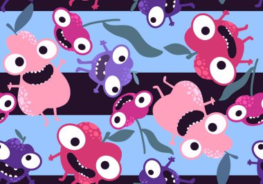 Çizgi film hasadı elmalar, armutlar ve erik desenleri kağıt, kumaş, çarşaf, ambalaj ve çocuk giysileri baskısı ve mutfak tekstili için. Yüksek kaliteli illüstrasyon