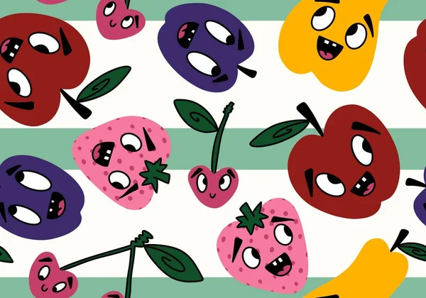 Cartoon Fruit Oogst Naadloze Appels Peren Pruimen Patroon Voor Het — Stockfoto