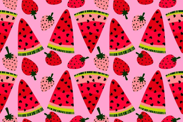 종이를 아이들의 인쇄하고 부엌용 직물을 만드는 패턴의 미지근 딸기와 수박을 — 스톡 사진