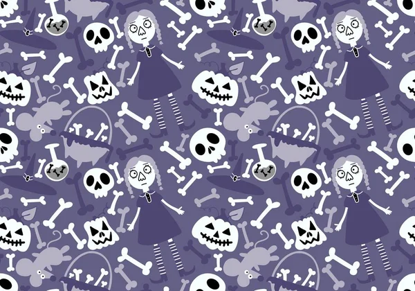 Kreskówka Halloween Bezszwowa Czarownica Kości Dynie Wzór Pakowania Papieru Tkanin — Zdjęcie stockowe