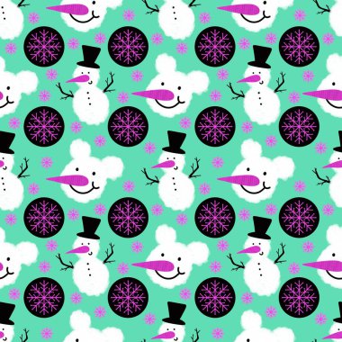 Noel ambalajı için kışın dikişsiz kardan adam ve kar taneleri deseni ve çocukların not defterleri, aksesuarları ve kumaşları. Yüksek kaliteli illüstrasyon