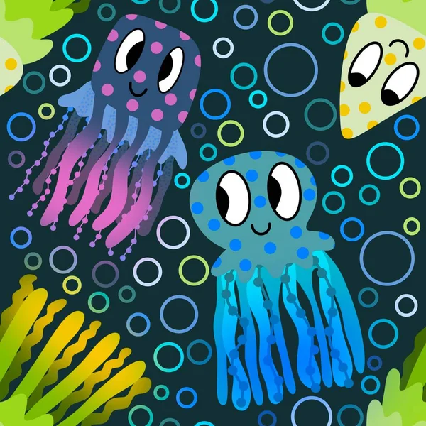 Cartoon Animals Seamless Jellyfish Abstract Ocean Pattern Wrapping Paper Fabrics — Stock Photo, Image