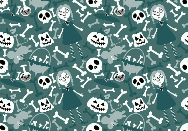 Cartoon Halloween Nahtlose Hexe Und Knochen Und Kürbisse Muster Zum — Stockfoto