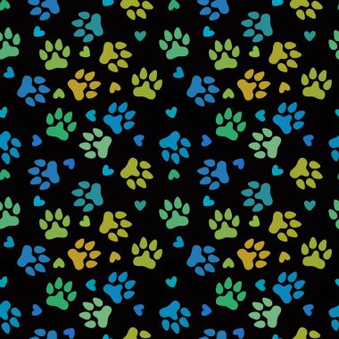 Çizgi filmlerdeki hayvanlar, kağıt, kumaş, çarşaf, çocuk giysisi baskısı ve anaokulu paketleri için kusursuz ayak izleri köpek kedi desenleri. Yüksek kaliteli illüstrasyon