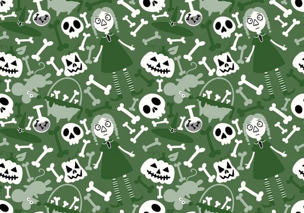 Cartoon Halloween Naadloze Heks Botten Pompoenen Patroon Voor Het Inpakken — Stockfoto