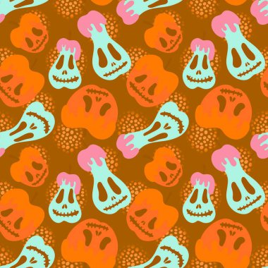 Cadılar Bayramı canavarları dikişsiz elmalar ve armutlar kağıt, kumaş, çarşaf ve çocuk giysileri baskısı ve sonbahar ambalajı için desenlerle karşılaşıyor. Yüksek kaliteli illüstrasyon