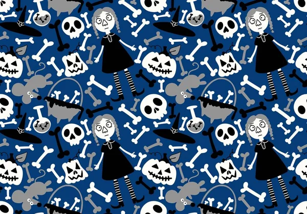Dibujos Animados Halloween Bruja Sin Costuras Huesos Calabazas Patrón Para —  Fotos de Stock