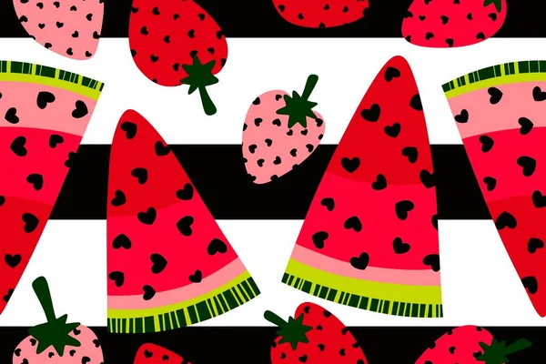Zomer Cartoon Kawaii Fruit Naadloze Aardbei Watermeloen Plakjes Met Hartjes — Stockfoto