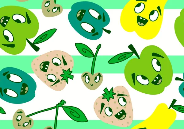 Cartoon Fruit Harvest Seamless Apples Pears Plums Pattern Wrapping Paper — Stock Photo, Image