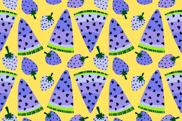 Dibujos Animados Verano Kawaii Fruta Fresa Inconsútil Rodajas Sandía Con —  Fotos de Stock