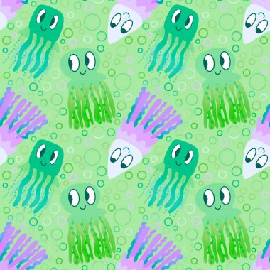 Çizgi filmlerdeki hayvanlar, kağıt, kumaş, çarşaf ve çocuk giysileri baskısı ve ambalajı için kusursuz deniz anası desenleri. Yüksek kaliteli illüstrasyon