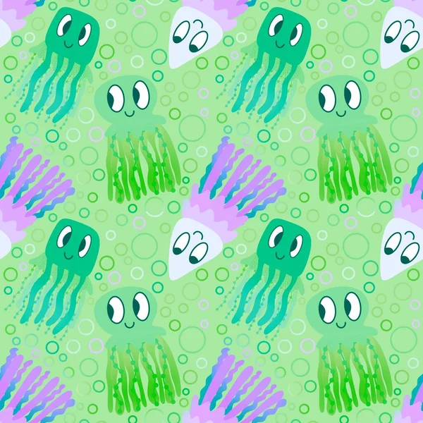 Cartoon Animals Seamless Jellyfish Abstract Ocean Pattern Wrapping Paper Fabrics — Stock Photo, Image