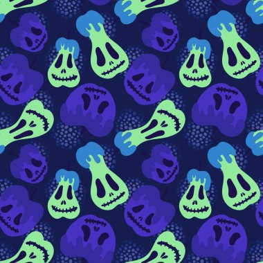 Cadılar Bayramı canavarları dikişsiz elmalar ve armutlar kağıt, kumaş, çarşaf ve çocuk giysileri baskısı ve sonbahar ambalajı için desenlerle karşılaşıyor. Yüksek kaliteli illüstrasyon