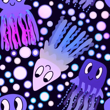 Çizgi filmlerdeki hayvanlar, kağıt, kumaş, çarşaf ve çocuk giysileri baskısı ve ambalajı için kusursuz deniz anası desenleri. Yüksek kaliteli illüstrasyon