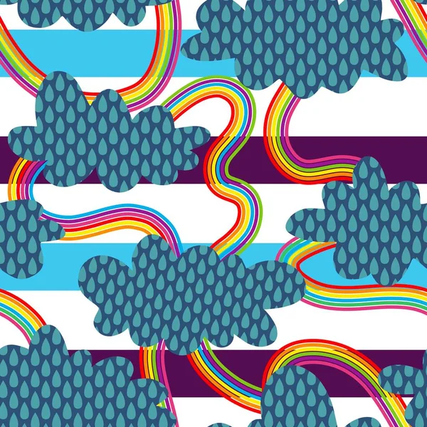Cartoon rain drops and rainbow and clouds seamless pattern for wrapping paper and linens and fabrics and kids clothes print. High quality illustration