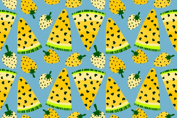 Verão Desenho Animado Kawaii Fruta Sem Costura Morango Melancia Fatias — Fotografia de Stock