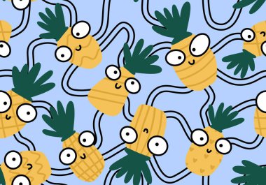 Ambalaj kağıdı, kumaş, çarşaf ve çocuk giysileri baskısı ve yaz mayosu için meyvesiz ananas deseni. Yüksek kaliteli illüstrasyon