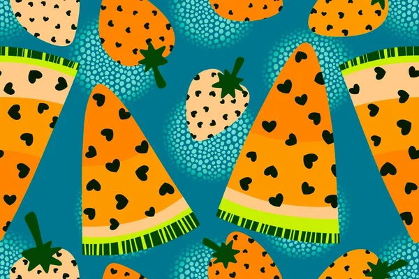 Summer Cartoon Kawaii Fruit Seamless Strawberry Watermelon Slices Hearts Pattern — Stock Photo, Image