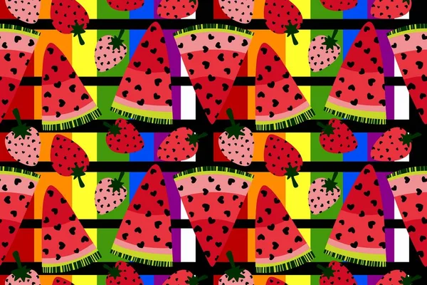 Sommer Karikatur Kawaii Früchte Nahtlose Erdbeer Und Wassermelonenscheiben Mit Herzmuster — Stockfoto