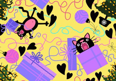 Çizgi filmlerdeki komik kediler ambalajsız Noel ağacı desenleri ve çocuk giysileri baskısı ve şenlikli ambalajlar kumaşlar ve çarşaflar ve yeni yıl ve Noel. Yüksek kaliteli illüstrasyon