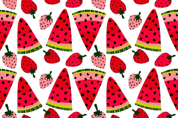 Zomer Cartoon Kawaii Fruit Naadloze Aardbei Watermeloen Plakjes Met Hartjes — Stockfoto