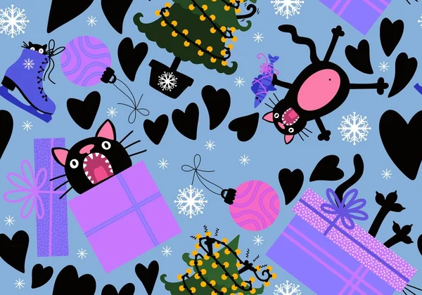 Cartoon funny cats seamless Christmas tree pattern for wrapping paper and kids clothes print and festive packaging and fabrics and linens and new year and Noel. High quality illustration