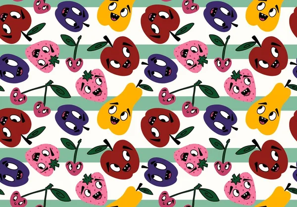 Tecknad Frukt Skörd Sömlösa Äpplen Och Päron Och Plommon Mönster — Stockfoto