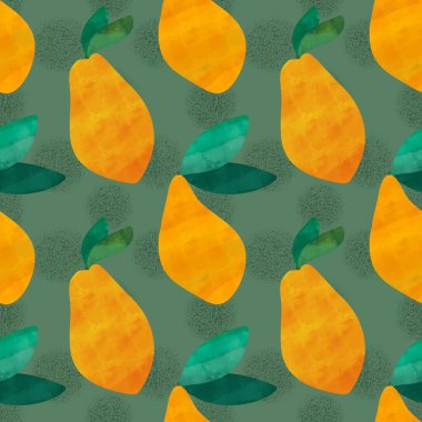 Yaz meyvesi dikişsiz sarı mangolu sulu boya kağıt, kumaş, çarşaf ve çocuk giysisi baskısı ve mutfak tekstili için yeşil yapraklar. Yüksek kaliteli illüstrasyon