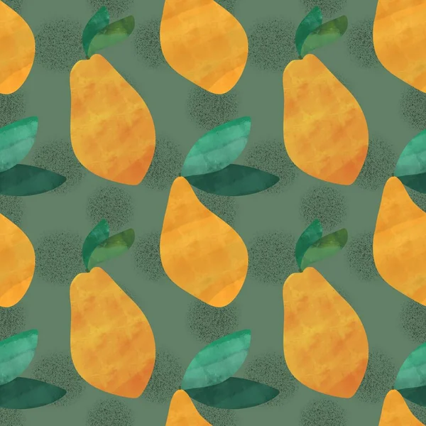 夏天水果无缝黄色芒果水彩画绿叶图案用于包装纸和织物 亚麻布和儿童服装印花和厨房纺织品 高质量的例证 — 图库照片