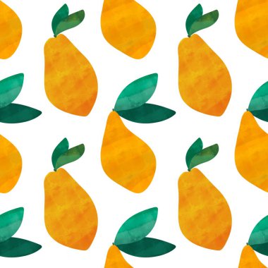 Yaz meyvesi dikişsiz sarı mangolu sulu boya kağıt, kumaş, çarşaf ve çocuk giysisi baskısı ve mutfak tekstili için yeşil yapraklar. Yüksek kaliteli illüstrasyon
