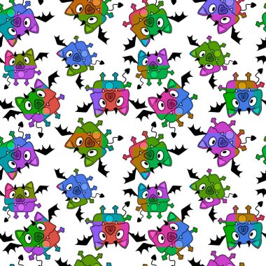 Cadılar Bayramı hayvanları kağıt sarmak için kusursuz yarasa desenleri ve çocuk giysileri baskısı, kumaşlar, çarşaflar ve anaokulu ve ambalaj. Yüksek kaliteli illüstrasyon