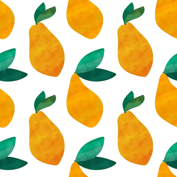 Summer Fruit Seamless Yellow Mango Watercolor Paint Green Leaves Pattern — Stock Photo, Image